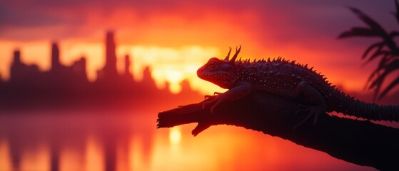 Wall Mural -  A tight shot of a lizard perched on a tree limb, overlooking a tranquil body of water as a sunset paints the sky