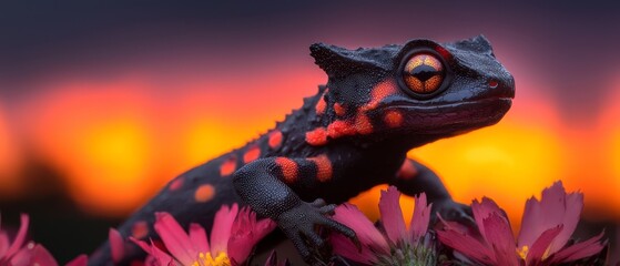 Canvas Print -  A gecko toy atop a flower against a red-yellow backdrop, with a blurred sky behind