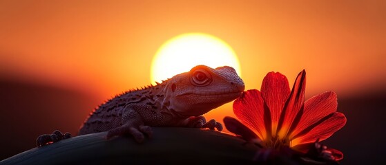 Wall Mural -  A tight shot of a lizard perched on a plant, with the sun casting long shadows behind, and a nearby flower in sharp focus in the foreground