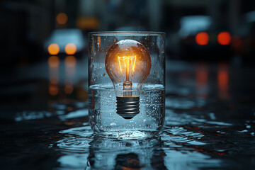 Poster - A light bulb floating in a glass of water, symbolizing the idea of innovation emerging from unexpected places.