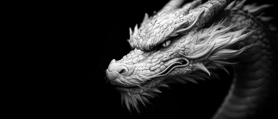 Sticker -  A monochrome image of a dragon's closed-eyed head, one eye semi-closed, against a pitch-black backdrop