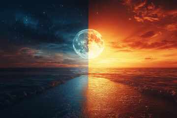 Poster - A landscape showing half a sunset and half a moonlit night sky, symbolizing the transition from day to night.
