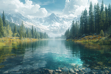 Canvas Print - A lake on one side filled with crystal clear water, and on the other side, polluted and murky, representing environmental care versus destruction.