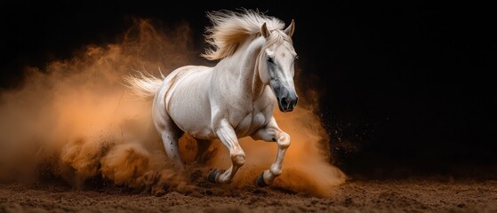 Canvas Print -  A white horse gallops through a dusty area with its front legs lifted