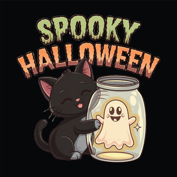 Spooky Halloween T-Shirt Graphic – Adorable Kitten and Ghost in Jar