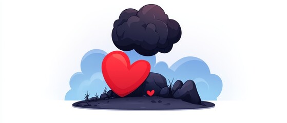 Canvas Print -  A red heart atop an isle, black cloud ascending from its peak