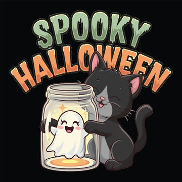 Spooky Halloween T-Shirt Graphic – Adorable Kitten and Ghost in Jar