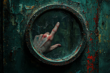 Poster - a hand reaching through a mirror, as if the reflection is trying to escape, symbolizing the desire t