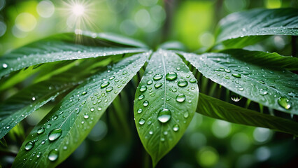 Green leaves with water droplets, closeup, natural blurred backdrop