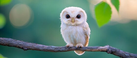 Poster -  A small white owl sits atop a tree branch against a backdrop of lush green foliage