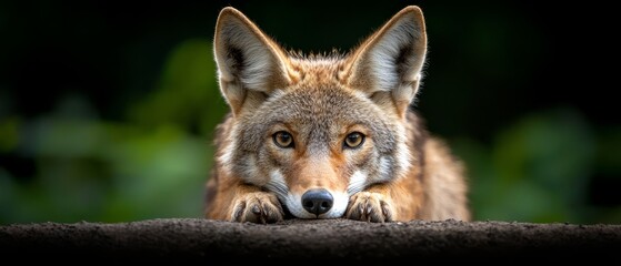 Sticker -  A tight shot of a wolf resting, its head propped on a rock, gazing at the camera against a hazy backdrop