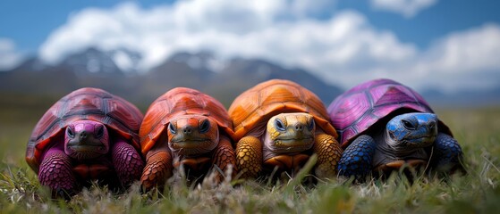 Wall Mural -  Three turtle figurines atop a grassy field, behind them, a distant mountain