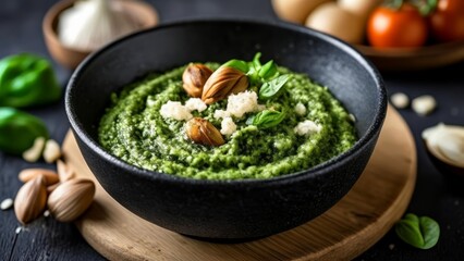 Sticker -  Deliciously healthy pesto dip with almonds and basil