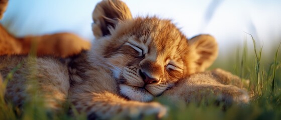 Poster -  A tight shot of a baby lion resting in the grass with its head on its mother's back