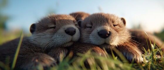 Wall Mural -  A couple of otters cuddle in a field of tall grass They rest their heads against one another