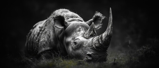  A black-and-white image of a rhinoceros with curled tusks in the grass