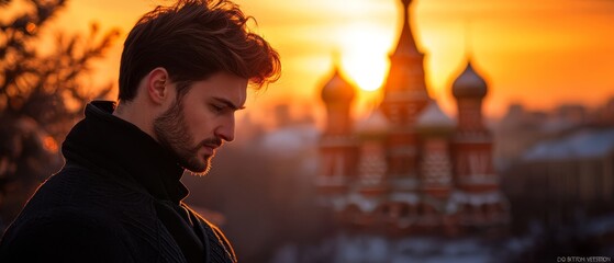 Wall Mural -  A man gazes at his cell phone as the sun sets, backgrounded by a building with towering spires