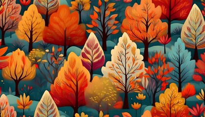 Explore a whimsical autumn forest pattern filled with vibrant trees, playful fireflies, and a magical atmosphere under a twilight sky. Generative AI