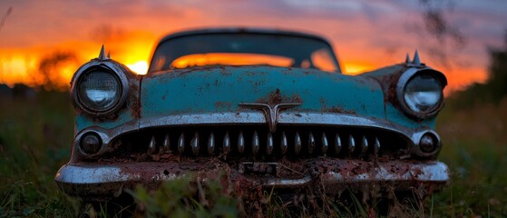 Wall Mural -  A rusted car in a field as the sun sets, behind it