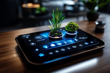 Aufkleber - Digital 3D control panel for a smart home system, where consumers interact with climate, lighting, and security settings in a realistic 3D environment