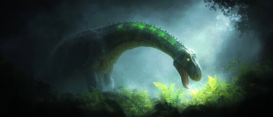 Canvas Print -  A large dinosaur in the forest with light emanating from its mouth, its head appearing within