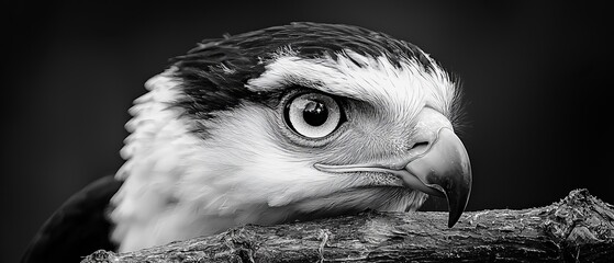 Poster -  A monochrome image of a bird's visage with a branch in the foreground against a dark, gray backdrop