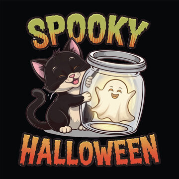 Spooky Halloween T-Shirt Graphic – Adorable Kitten and Ghost in Jar