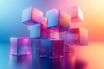 Poster - a dynamic 3d arrangement of glowing cubes, floating in a gradient of purple and blue,