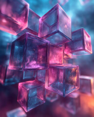 Poster - Floating geometric cubes in a 3D space, with smooth purple and blue hues blending together,
