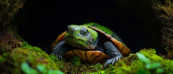 Wall Mural -  A tight shot of a tiny tortoise in a mossy setting against a backdrop of a dark hole