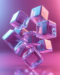 Poster - Floating geometric cubes in a 3D space, with smooth purple and blue hues blending together,