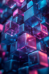 Poster - A collection of floating 3D cubes in blue and purple tones,