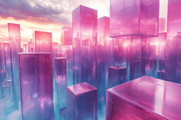 Aufkleber - A surreal 3D scene with cubes hovering in mid-air, transitioning between shades of purple and blue,