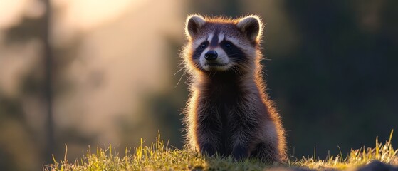 Poster -  A small raccoon atop a verdant field, bordering a forest teeming with trees, under a radiant sun