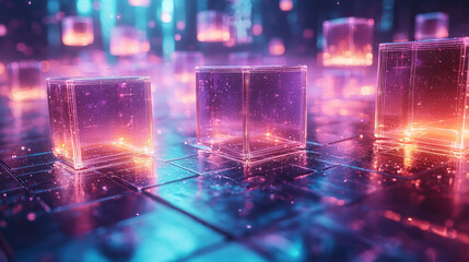 Poster - An abstract grid of floating cubes, softly glowing in purple and blue,