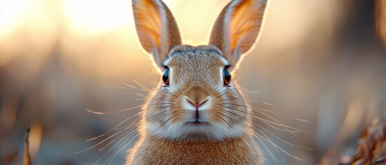 Wall Mural -  A tight shot of a rabbit's face with a softly blurred backdrop of grass and trees