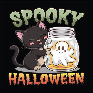 Spooky Halloween T-Shirt Graphic – Adorable Kitten and Ghost in Jar
