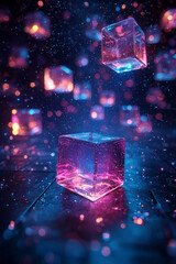 Poster - Floating geometric cubes in a 3D space, softly glowing in shades of blue and purple,