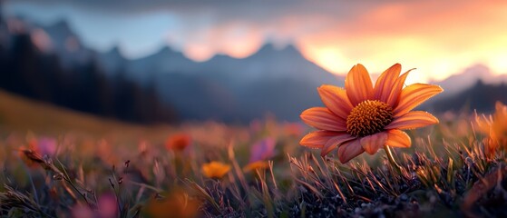 Poster -  A solitary orange flower in a sea of grass Mountains behind Cloudy sky above