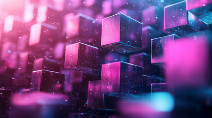 Poster - An abstract 3D structure of floating cubes, softly transitioning between purple and blue hues,