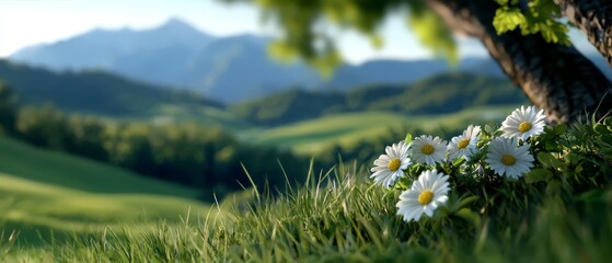 Canvas Print -  A collection of daisies in grass beneath a solitary tree Mountains distant in background