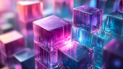 Poster - An abstract 3D structure of floating cubes, softly transitioning between purple and blue hues,