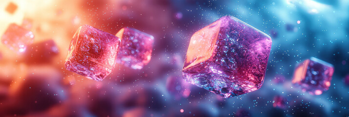 Poster - A dynamic cluster of 3D cubes hovering in a surreal space, glowing in soft purple and blue tones,