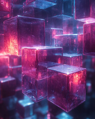Poster - Floating cubes creating a mesmerizing 3D arrangement, transitioning between shades of purple and blue,