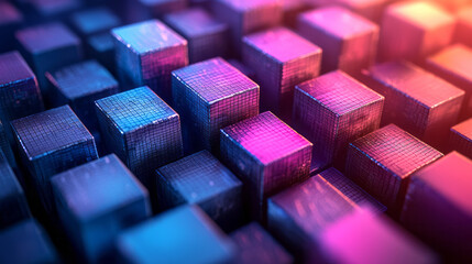 Poster - floating cubes forming a surreal 3d pattern, transitioning between vibrant shades of blue and purple