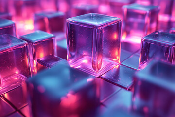 Poster - An abstract 3D grid of cubes, softly glowing in purple and blue hues,
