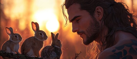 Sticker -  A man with long hair and beard stands before a forest backdrop, cradling three rabbits against the setting sun