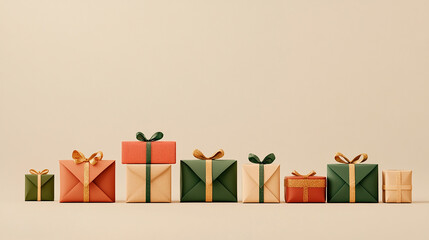 Gifts and envelopes in craft wrapping on light background with copy space