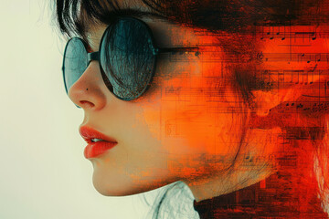 Poster - a double exposure music poster showing a woman with an lp disk hiding her face,