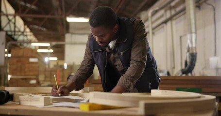 Aufkleber - Carpenter, drawing and pencil with product design for construction, furniture or project. Black man, planning and wood with tools in a creative carpentry workshop for manufacturing, art and craft